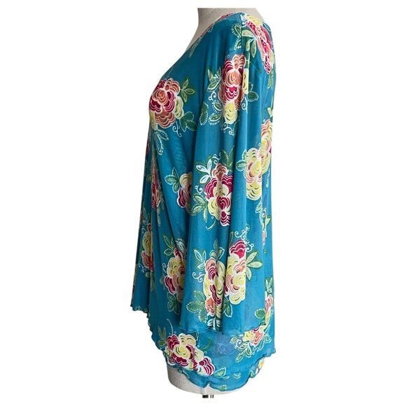 Passports Women Floral Blue Top X-Large Blue Multicolor Bell Sleeve Sheer Lined - Picture 4 of 7